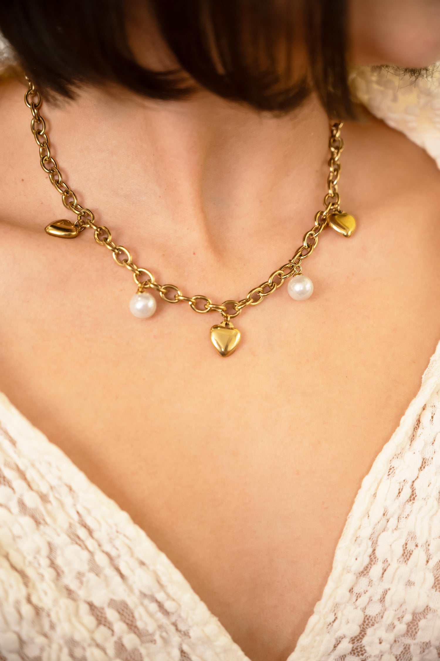 Golden Heart Pearl Charm Necklace