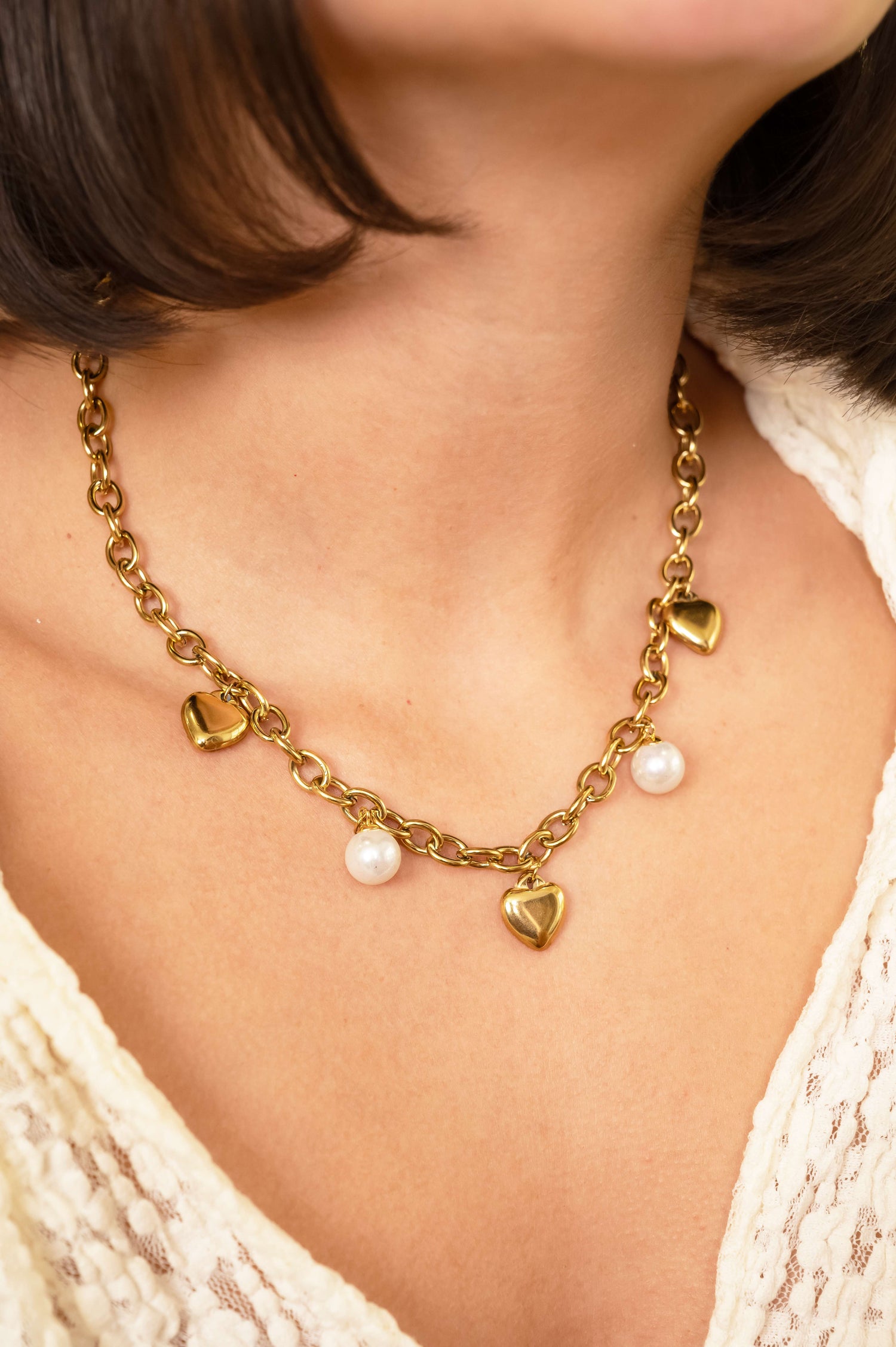Golden Heart Pearl Charm Necklace