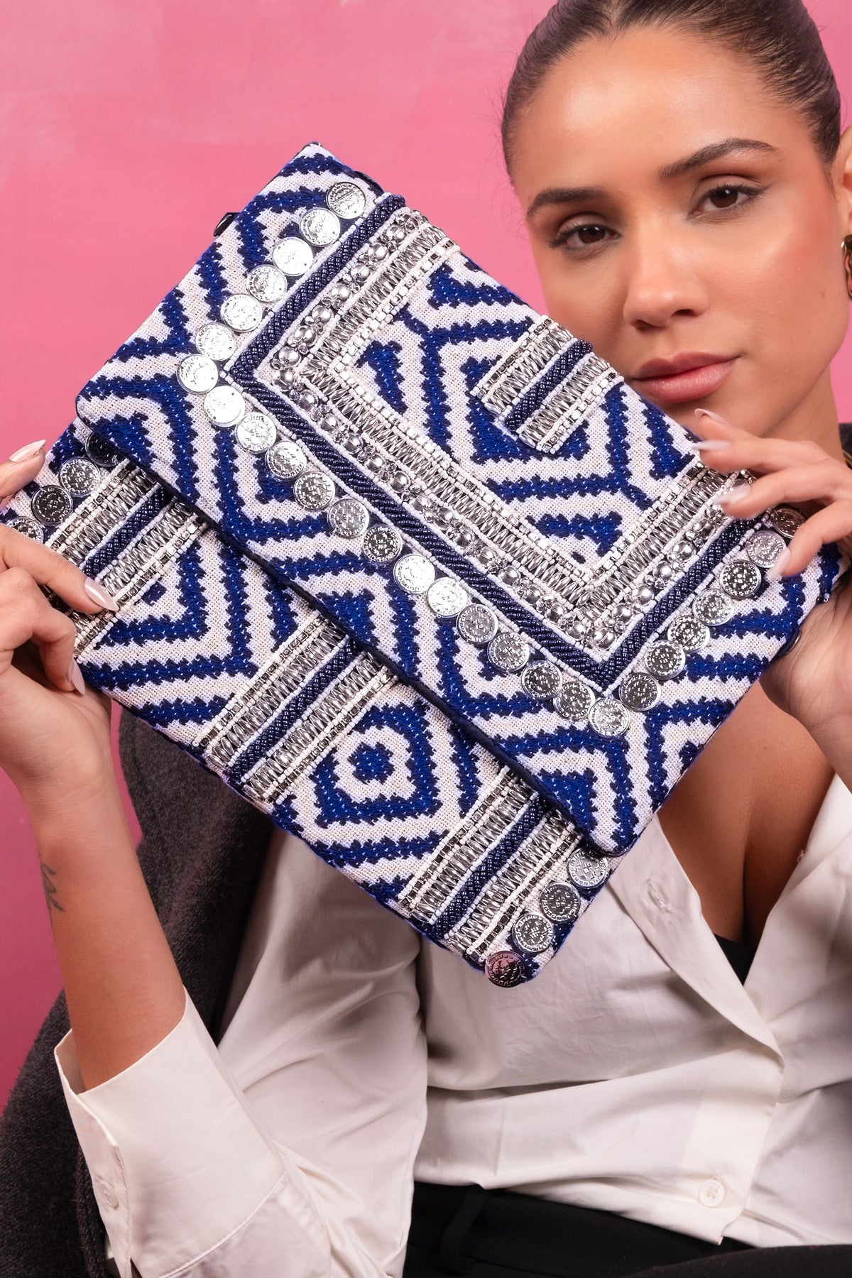 Indigo Nomad Coin Embellished Clutch