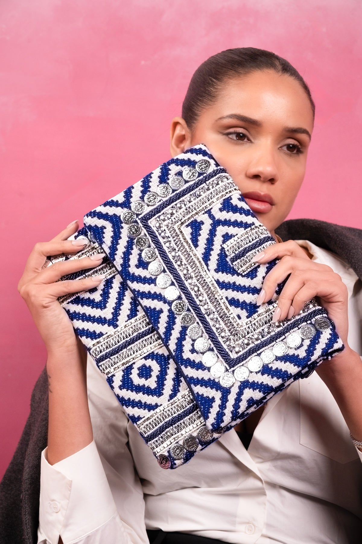 Indigo Nomad Coin Embellished Clutch