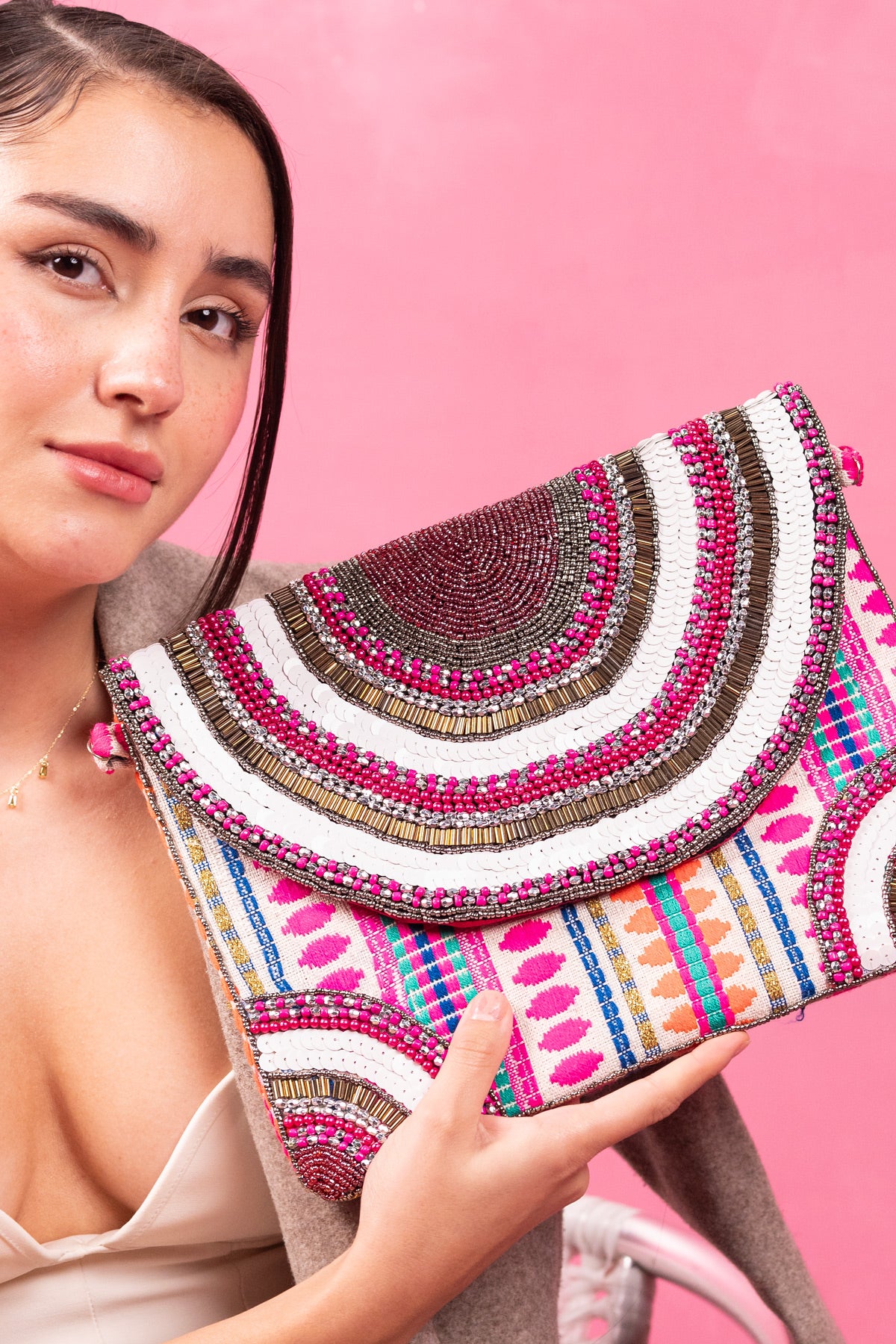 Pink Aura Luxe Beaded Clutch