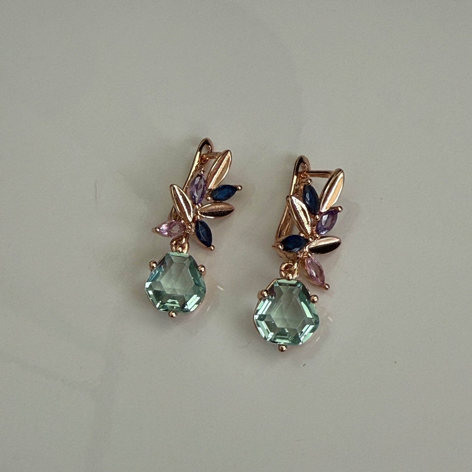 Celestial Bloom Mint Green Crystal Necklace and Earrings Set – Rose Gold Floral Design with Blue and Violet Accents