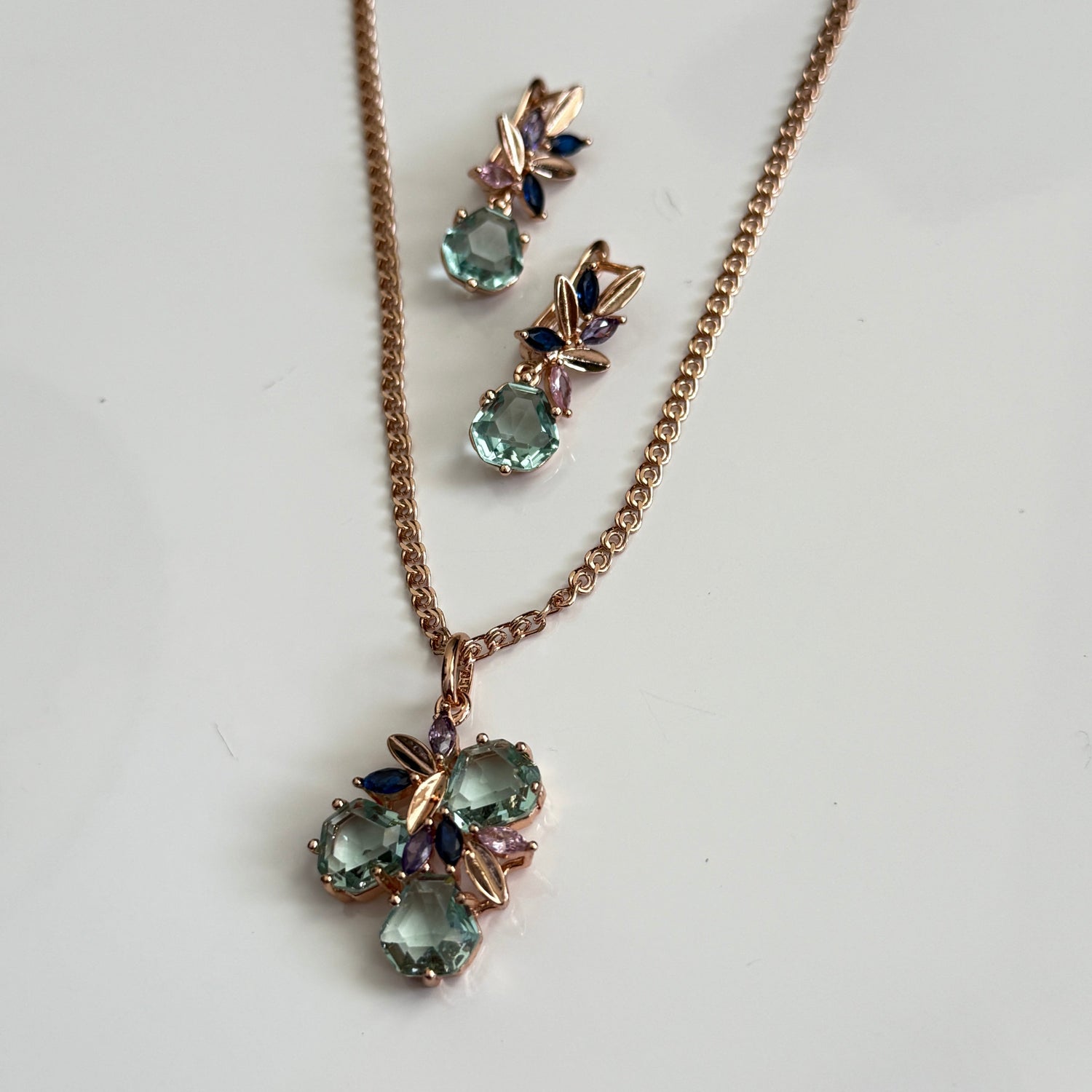 Celestial Bloom Mint Green Crystal Necklace and Earrings Set – Rose Gold Floral Design with Blue and Violet Accents