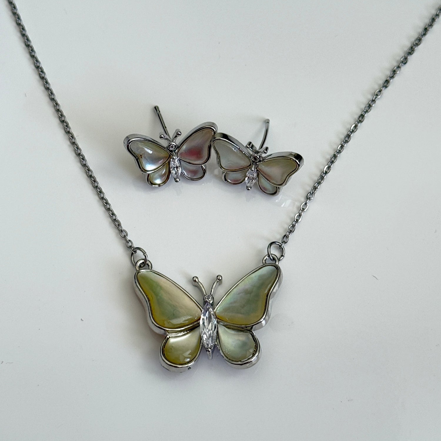 Iridescent Butterfly Mother-of-Pearl Necklace and Earrings Set – Silver Finish | Pastel Enamel Wings