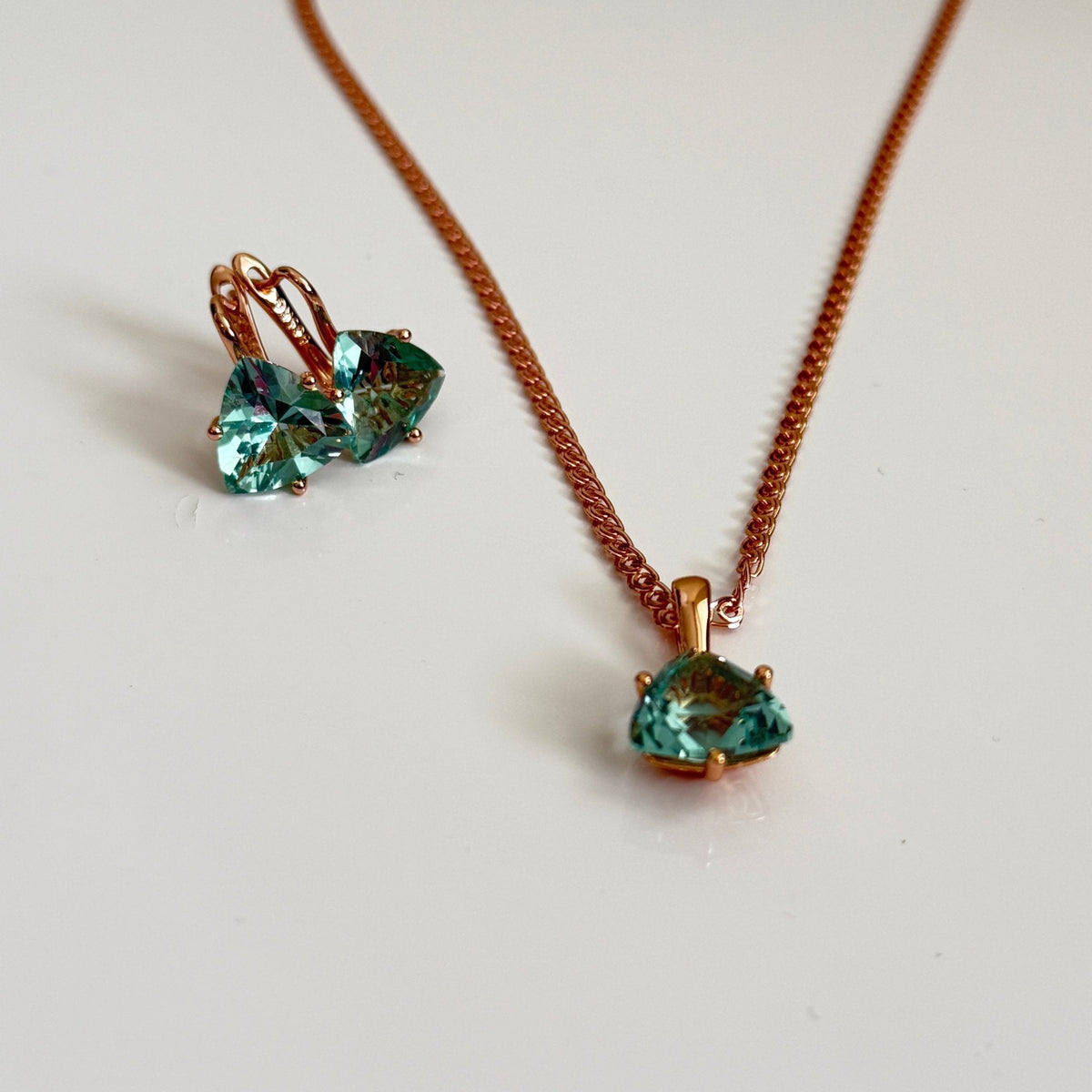 Aqua Bloom Trilliant Pendant & Earring Set – Rose Gold Finish - Vinni’s Jewelry