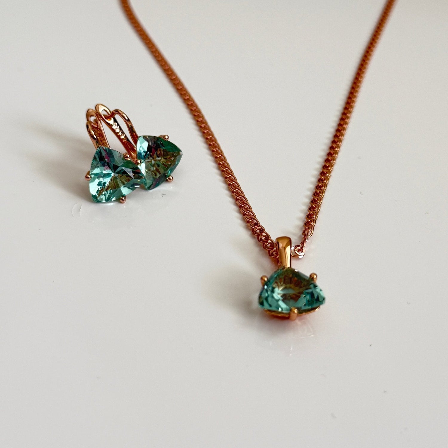 Aqua Bloom Trilliant Pendant & Earring Set – Rose Gold Finish - Vinni’s Jewelry