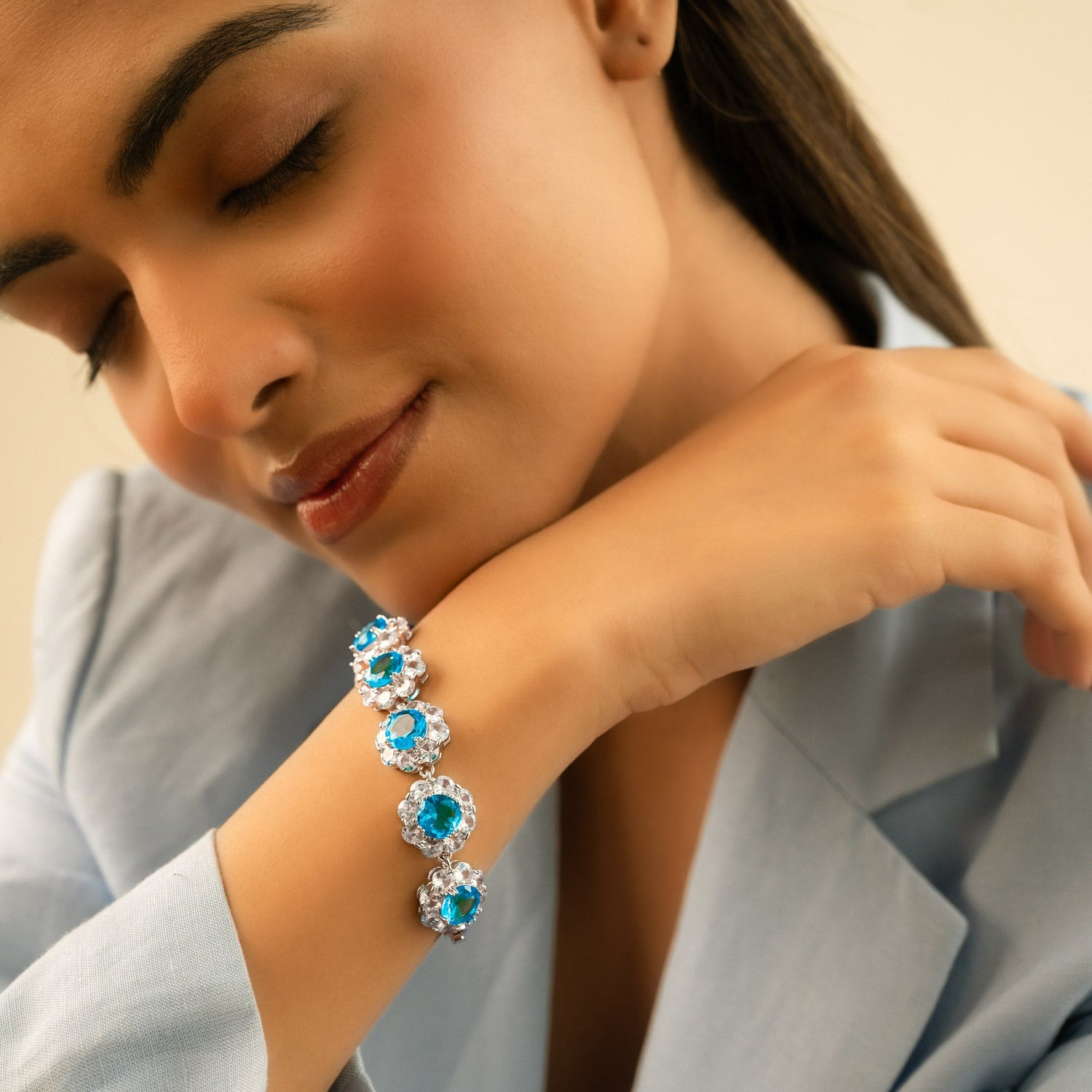 Blue Blossom Statement Bracelet – Silver Floral CZ Bracelet with Ocean Stones