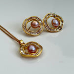 Blush Aura Set – Pink Pearl Halo Pendant & Earrings in Gold Finish - Vinni’s Jewelry