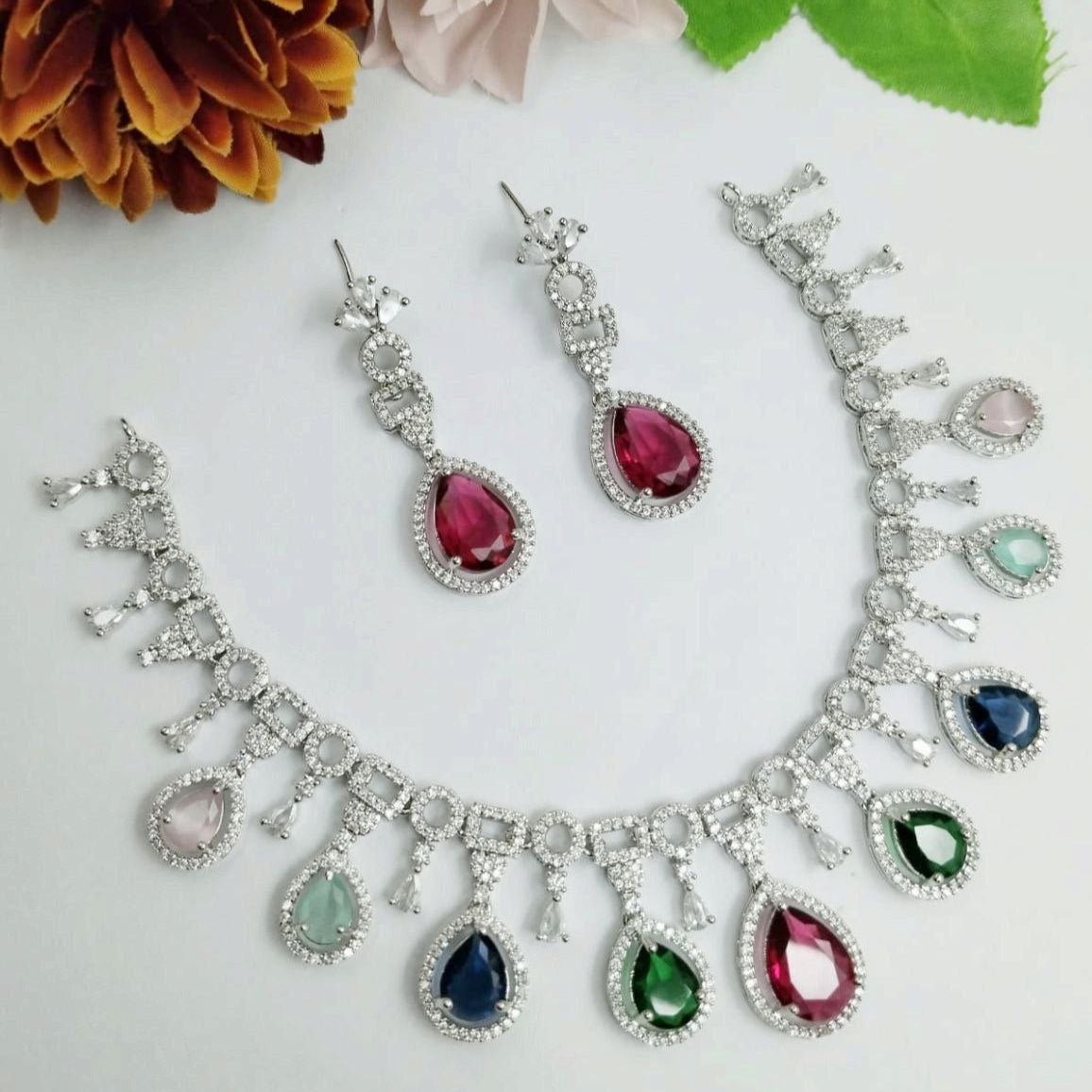 Celestial Multi - Gem Teardrop Necklace Set – American Diamond Luxury - Vinni’s Jewelry