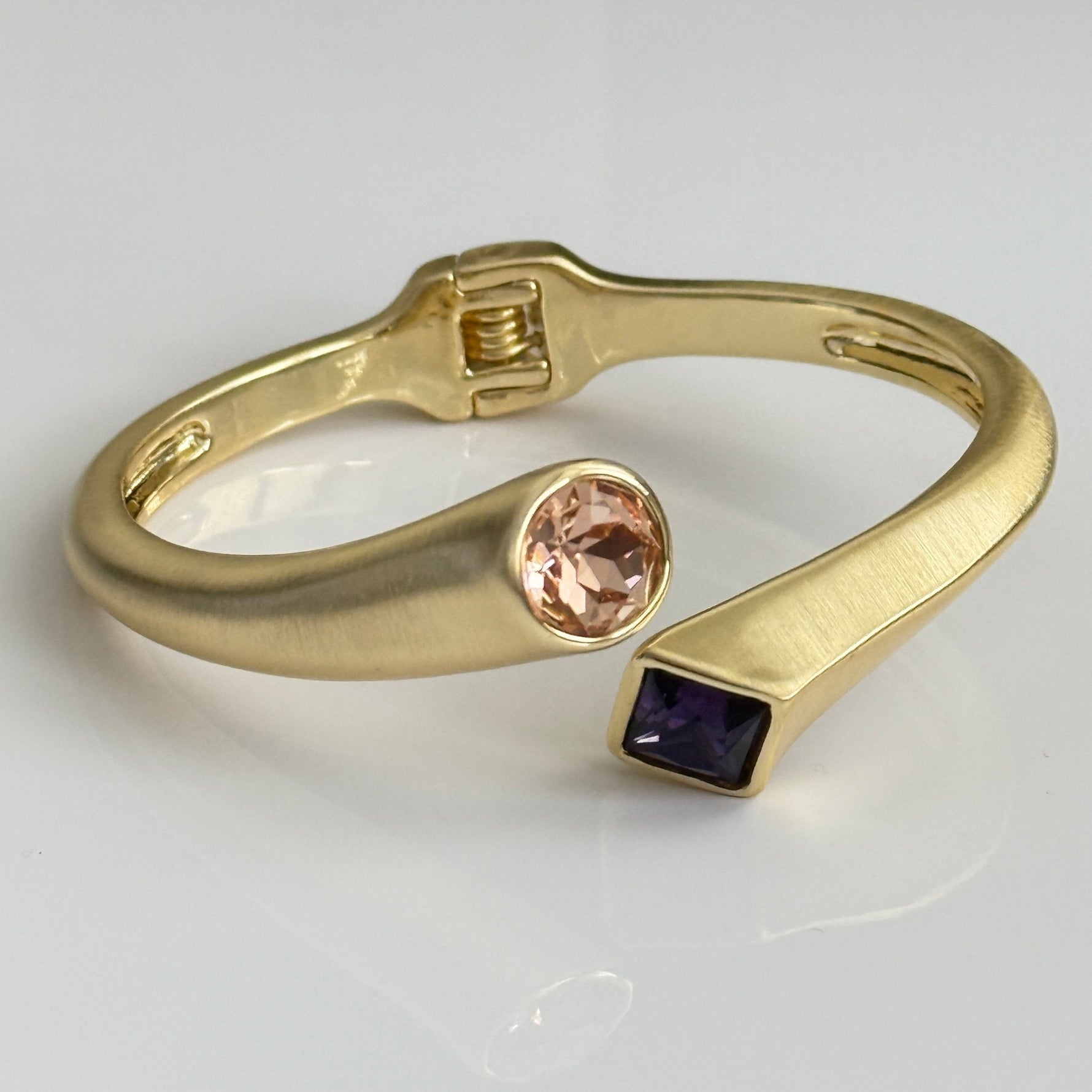 Dual - Tone Crystal Cuff Bracelet – Matte Gold with Amethyst & Peach Stones - Vinni’s Jewelry