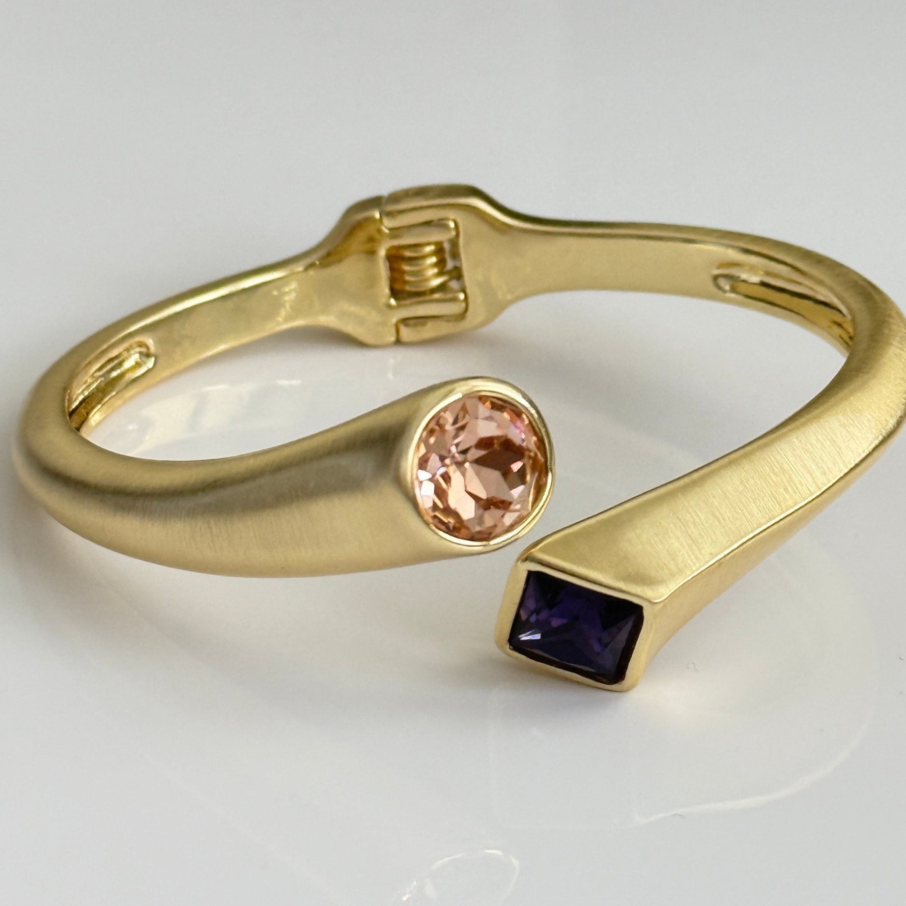 Dual - Tone Crystal Cuff Bracelet – Matte Gold with Amethyst & Peach Stones - Vinni’s Jewelry