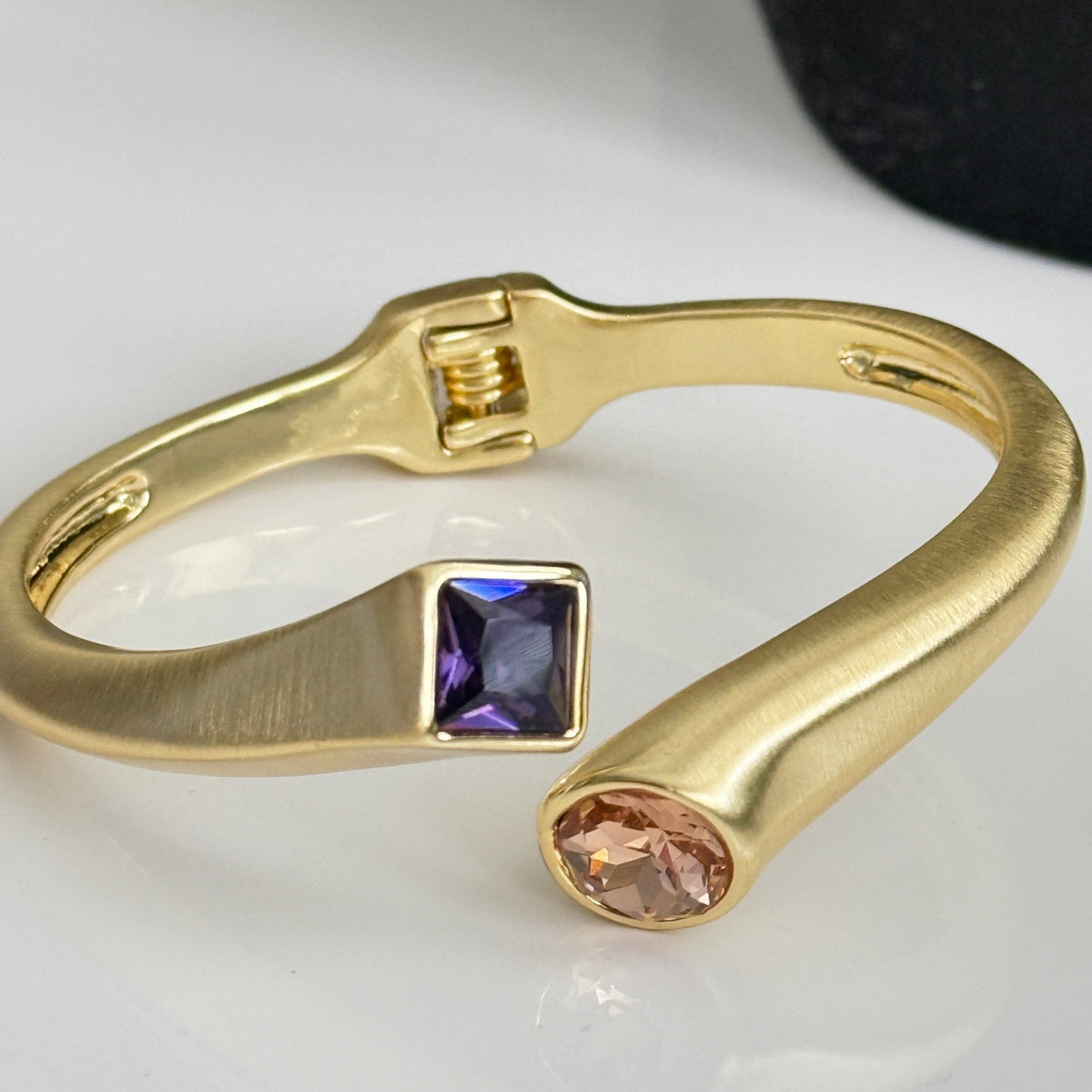 Dual - Tone Crystal Cuff Bracelet – Matte Gold with Amethyst & Peach Stones - Vinni’s Jewelry