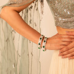 💚 Emerald Grace Bangles | Silver - Tone Designer Bangles with Green Stones - Vinni’s Jewelry