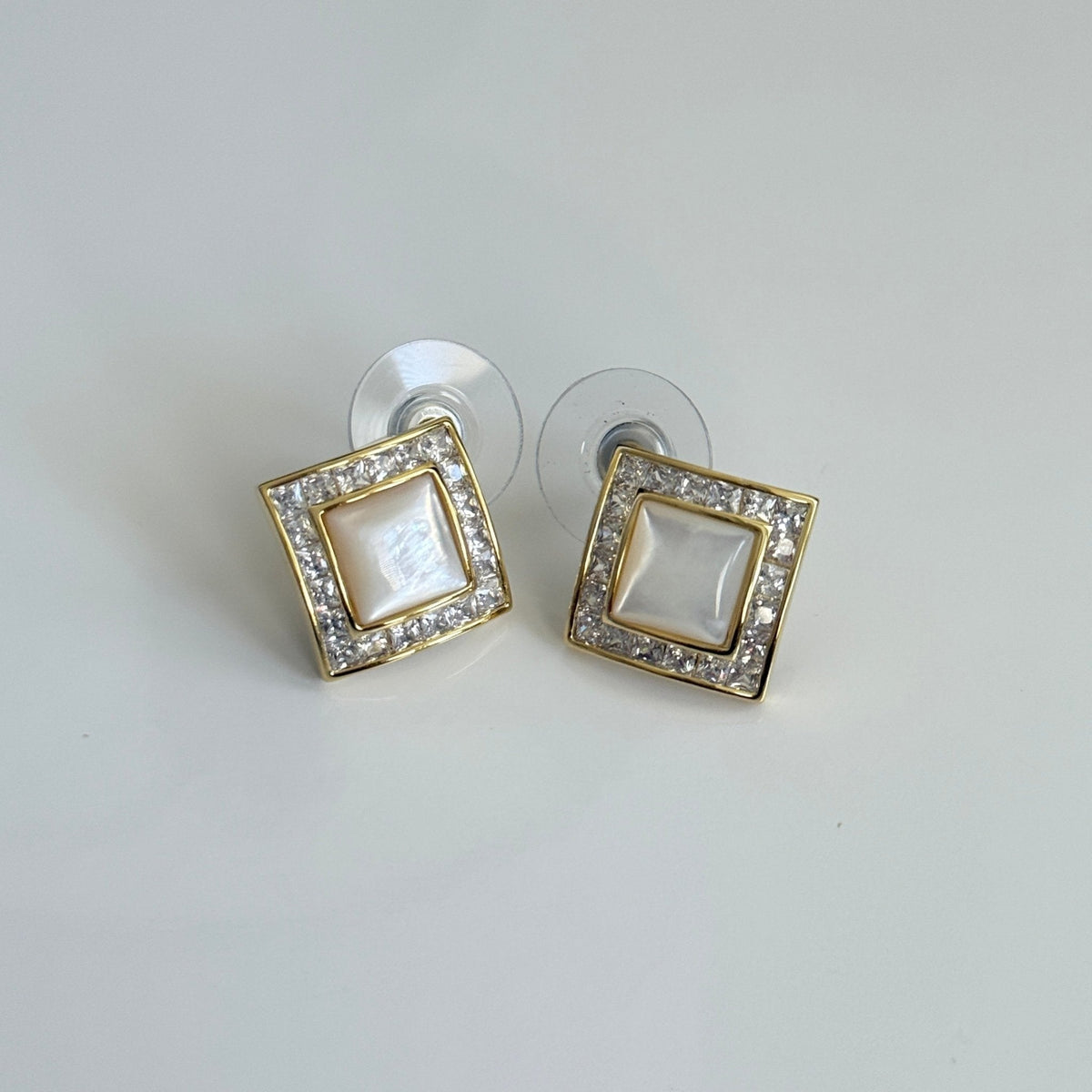 Ivory Glow Square Studs – Mother of Pearl & Crystal Border - Vinni’s Jewelry