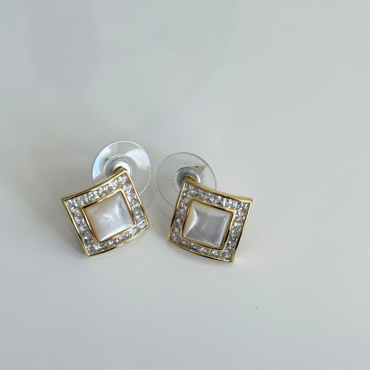Ivory Glow Square Studs – Mother of Pearl & Crystal Border - Vinni’s Jewelry