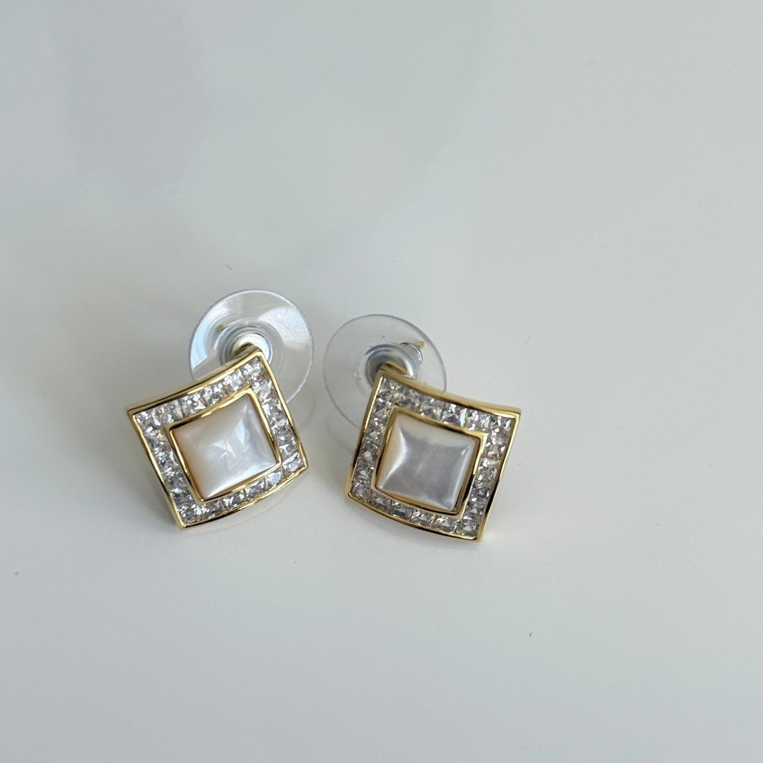 Ivory Glow Square Studs – Mother of Pearl & Crystal Border - Vinni’s Jewelry