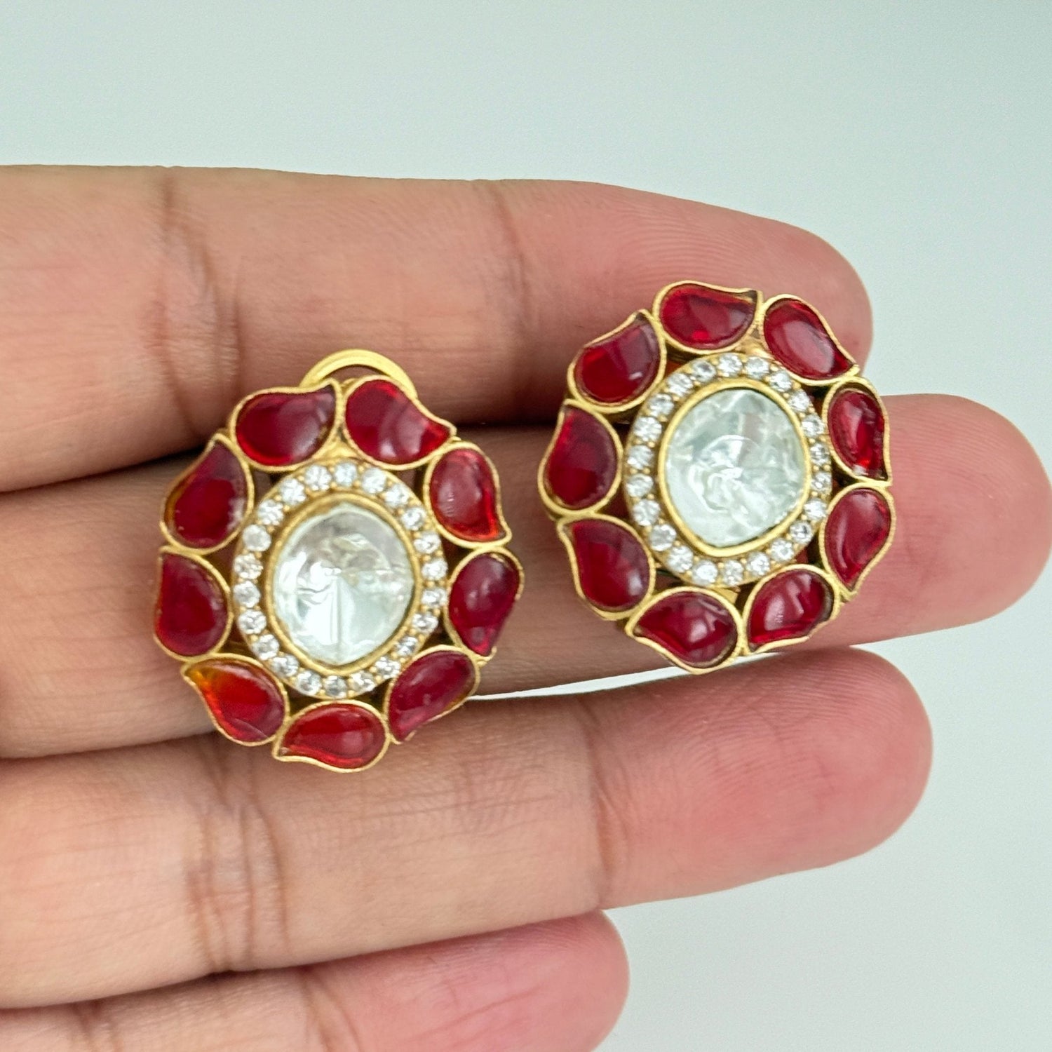 Ruby Bloom Kundan Stud Earrings – Traditional Red Festive Jewelry