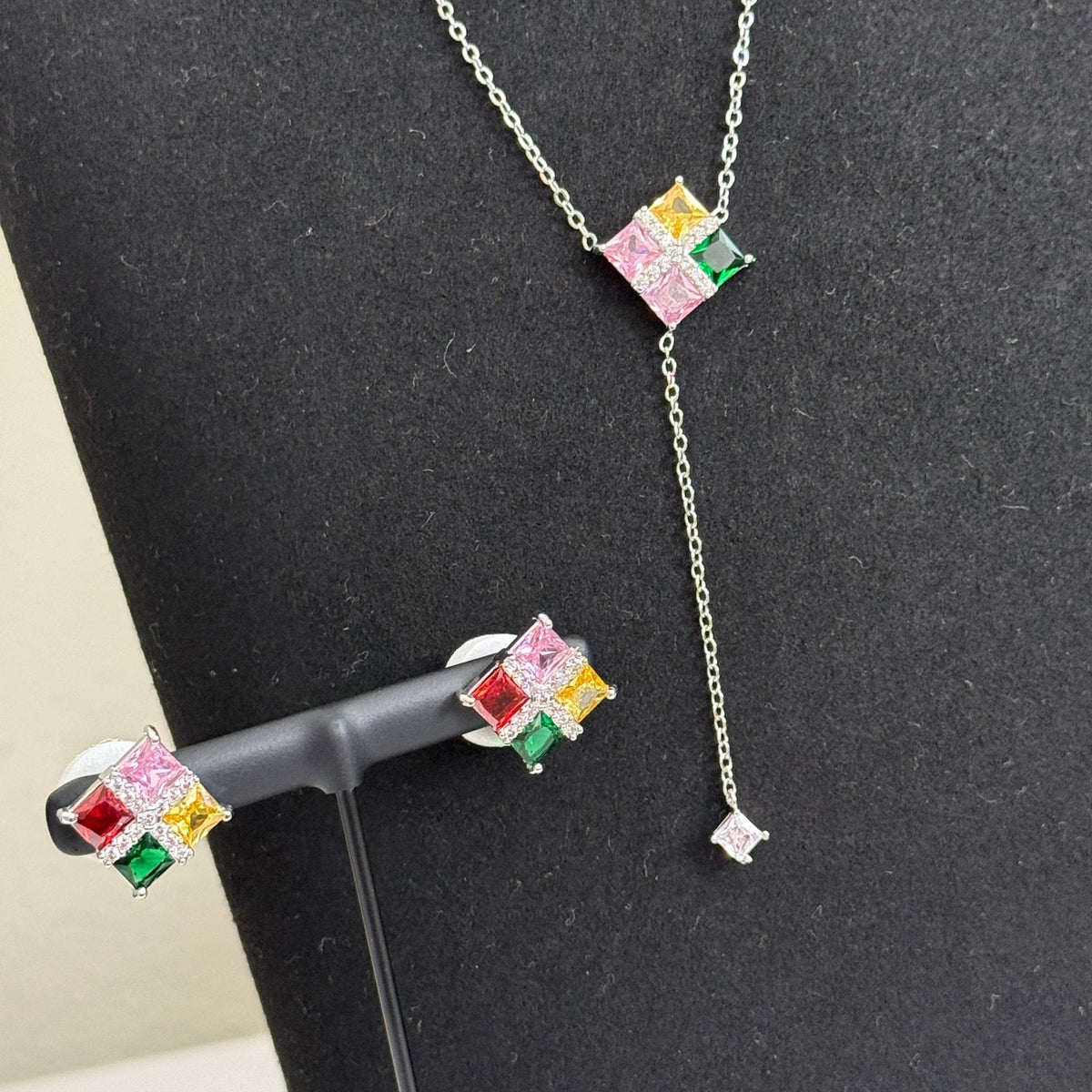 Multicolor Rainbow CZ Stud Necklace Set – Geometric Festive Jewelry - Vinni’s Jewelry