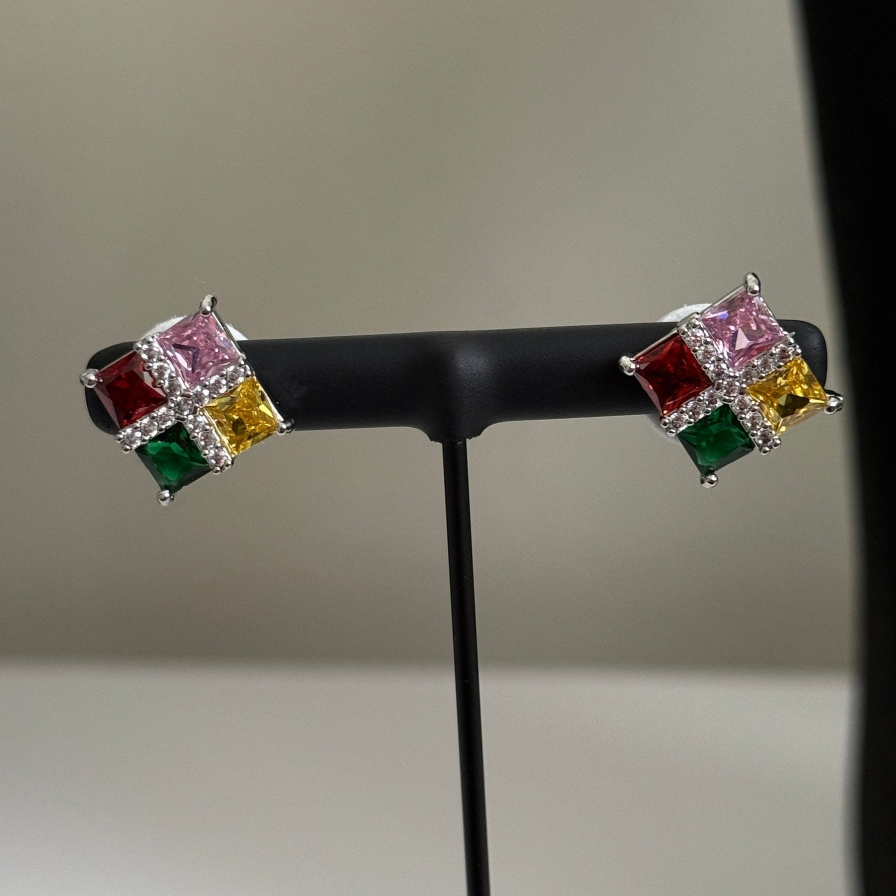 Multicolor Rainbow CZ Stud Necklace Set – Geometric Festive Jewelry - Vinni’s Jewelry