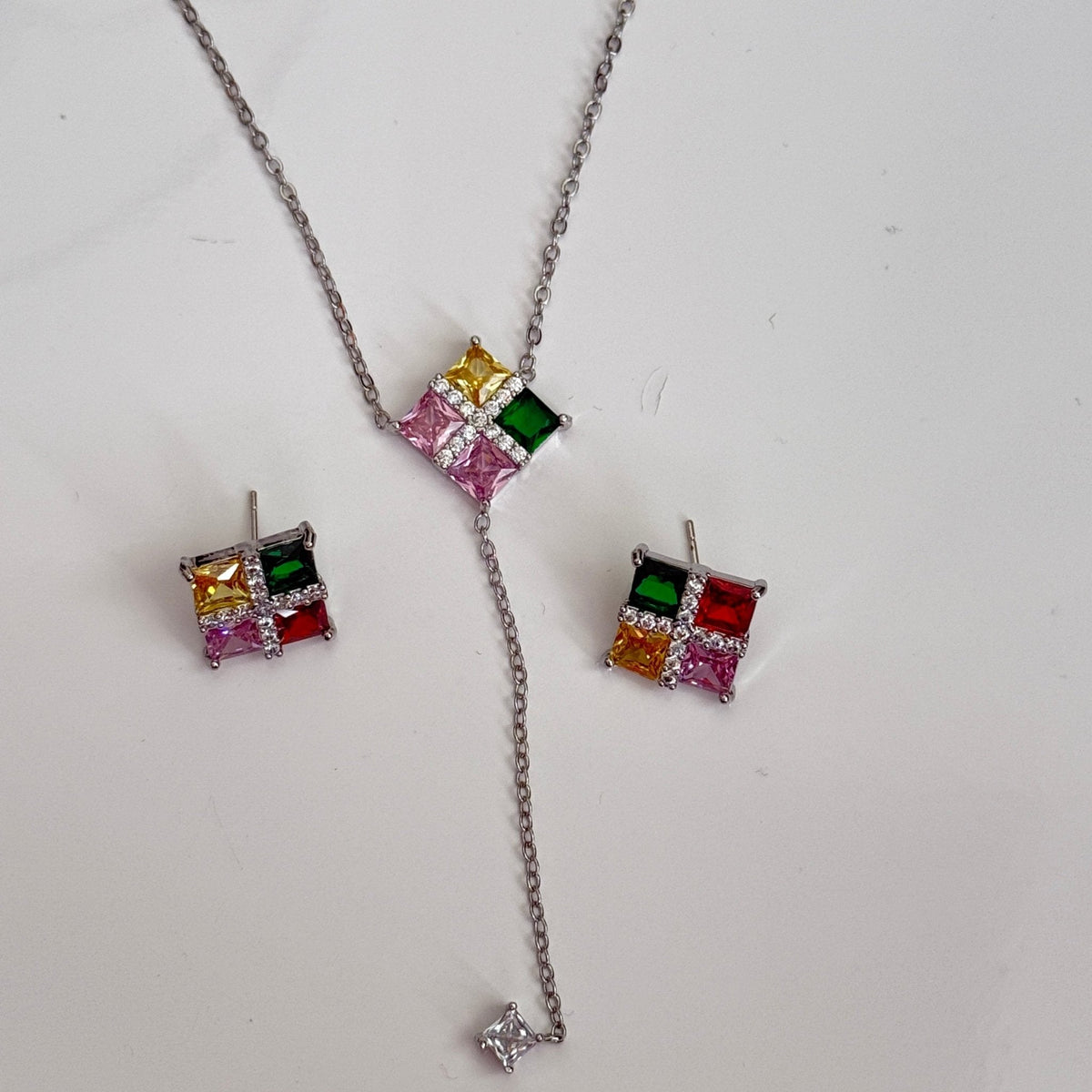 Multicolor Rainbow CZ Stud Necklace Set – Geometric Festive Jewelry - Vinni’s Jewelry