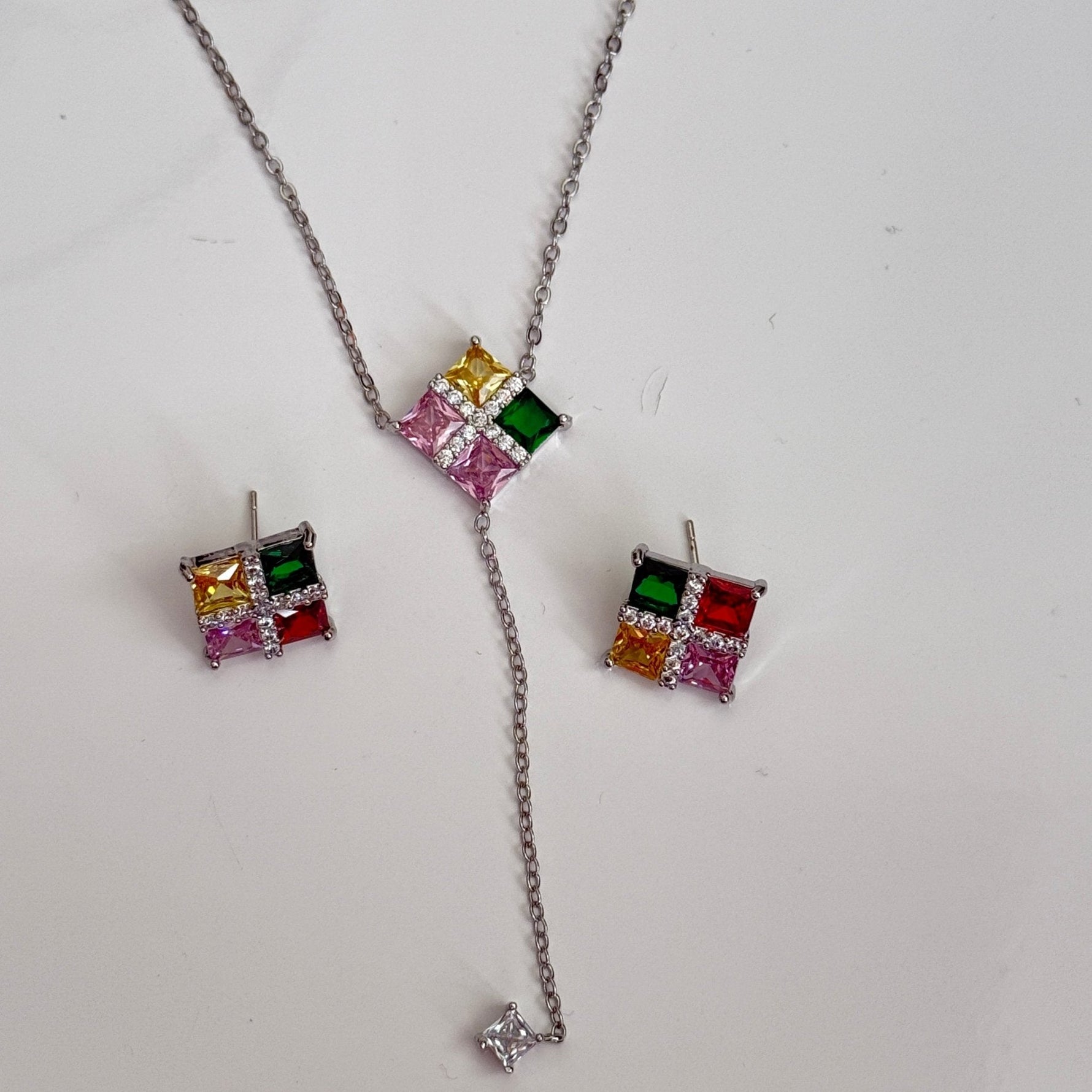 Multicolor Rainbow CZ Stud Necklace Set – Geometric Festive Jewelry - Vinni’s Jewelry