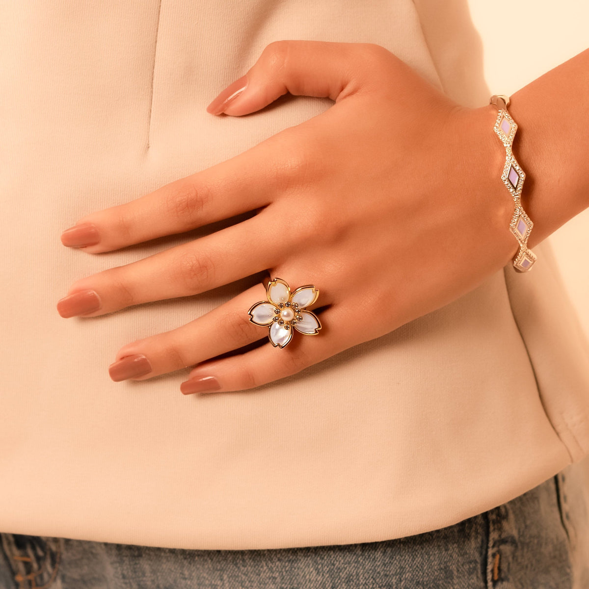 Pearl Petal Adjustable Flower Ring – Gold - Tone Statement Ring for Women - Vinni’s Jewelry