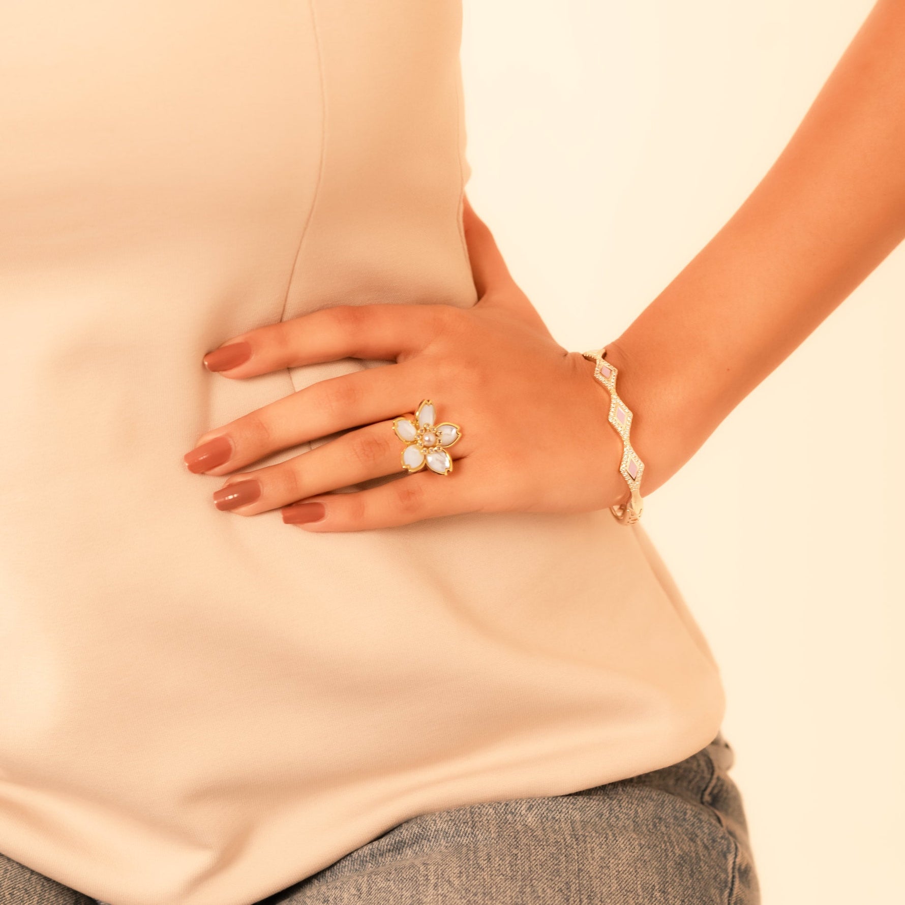 Pearl Petal Adjustable Flower Ring – Gold - Tone Statement Ring for Women - Vinni’s Jewelry