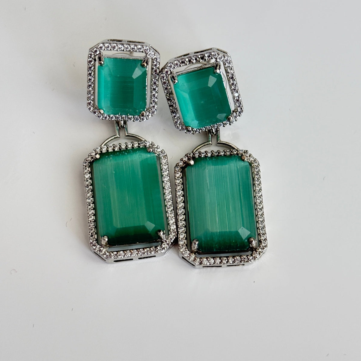 Pista Green Luxe Drop Earrings – Silver - Framed Statement Studs - Vinni’s Jewelry