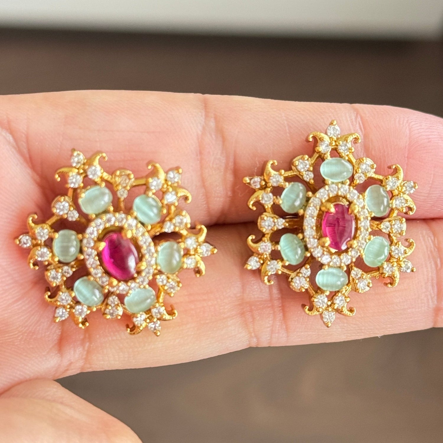 Royal Ruby & Mint Polki Stud Earrings – South Asian Bridal Style - Vinni’s Jewelry