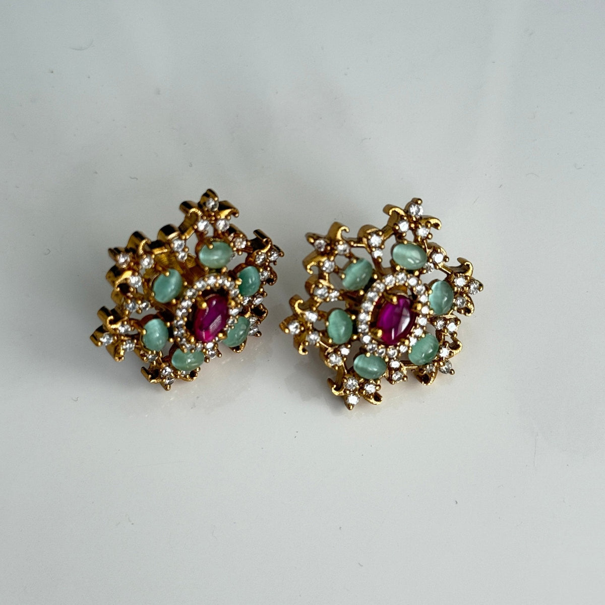 Royal Ruby & Mint Polki Stud Earrings – South Asian Bridal Style - Vinni’s Jewelry