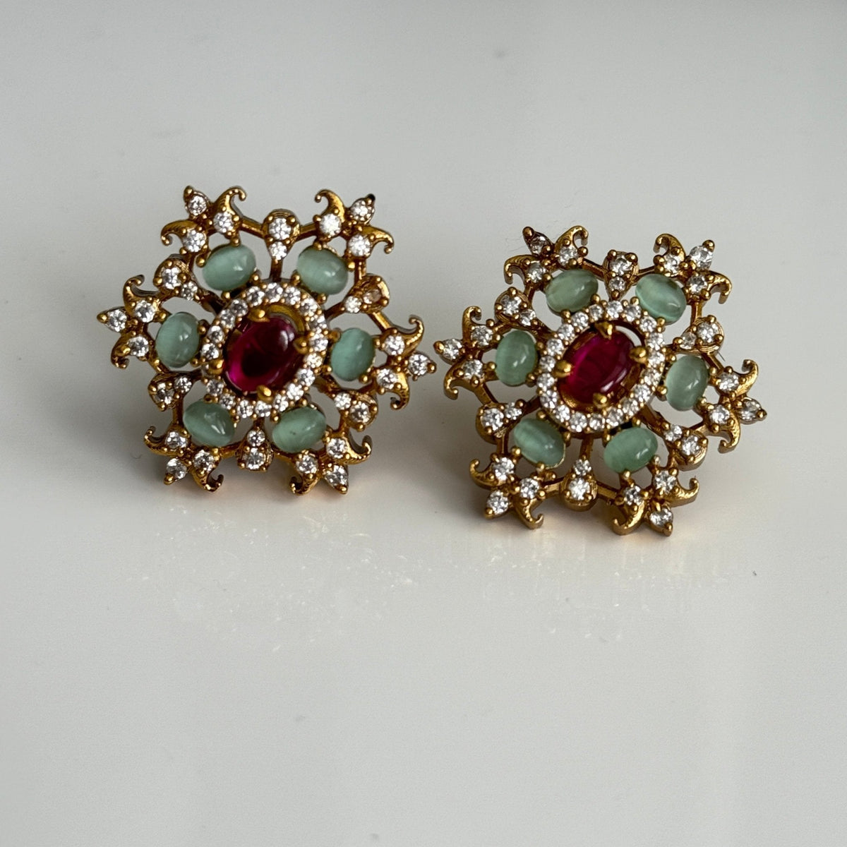 Royal Ruby & Mint Polki Stud Earrings – South Asian Bridal Style - Vinni’s Jewelry