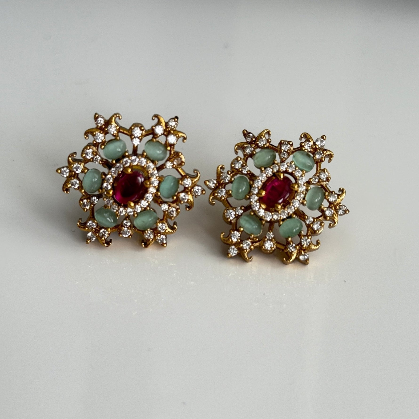 Royal Ruby & Mint Polki Stud Earrings – South Asian Bridal Style - Vinni’s Jewelry