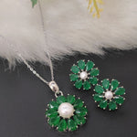 Silver Bloom Pearl Pendant Set – Green CZ Floral Jewelry - Vinni’s Jewelry