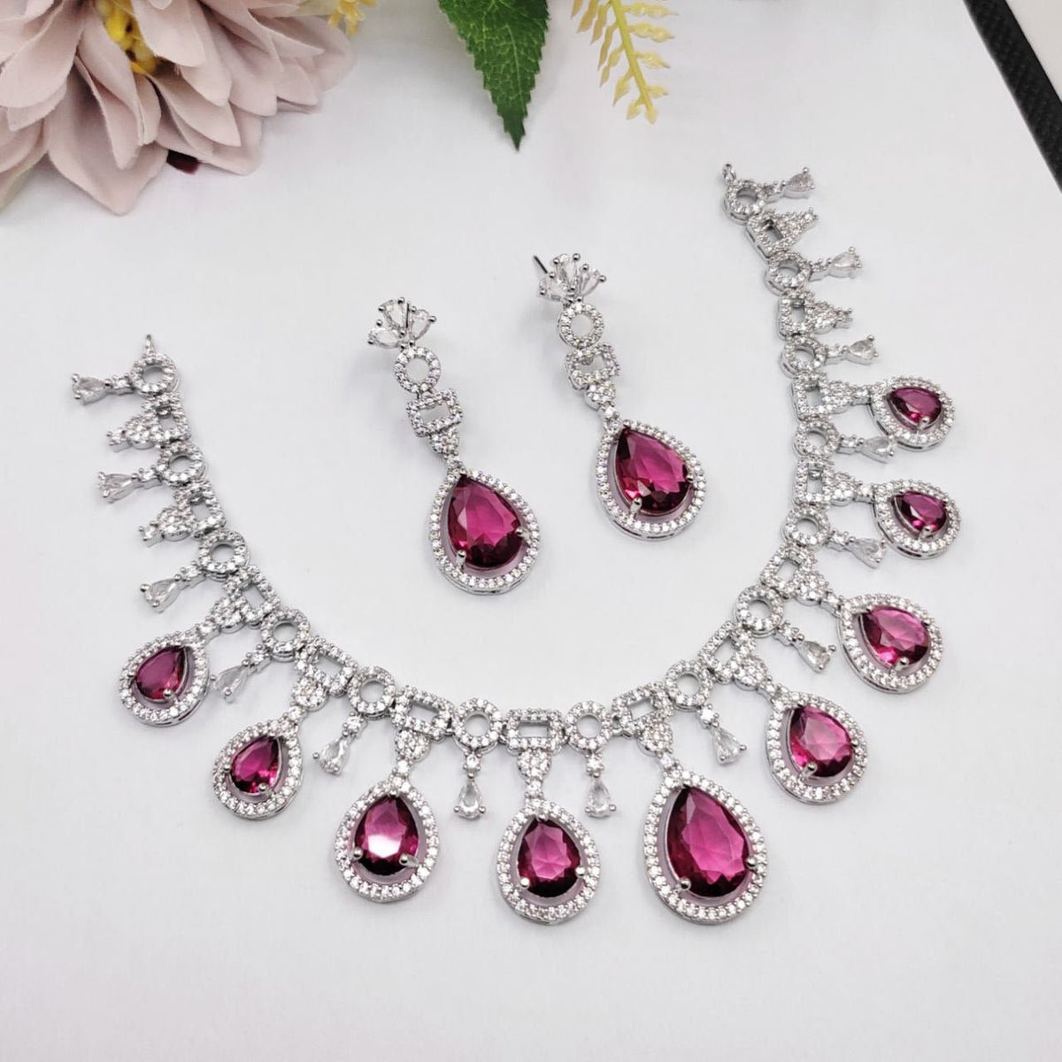 Stellar Ruby Drop CZ Necklace Set – American Diamond Partywear - Vinni’s Jewelry