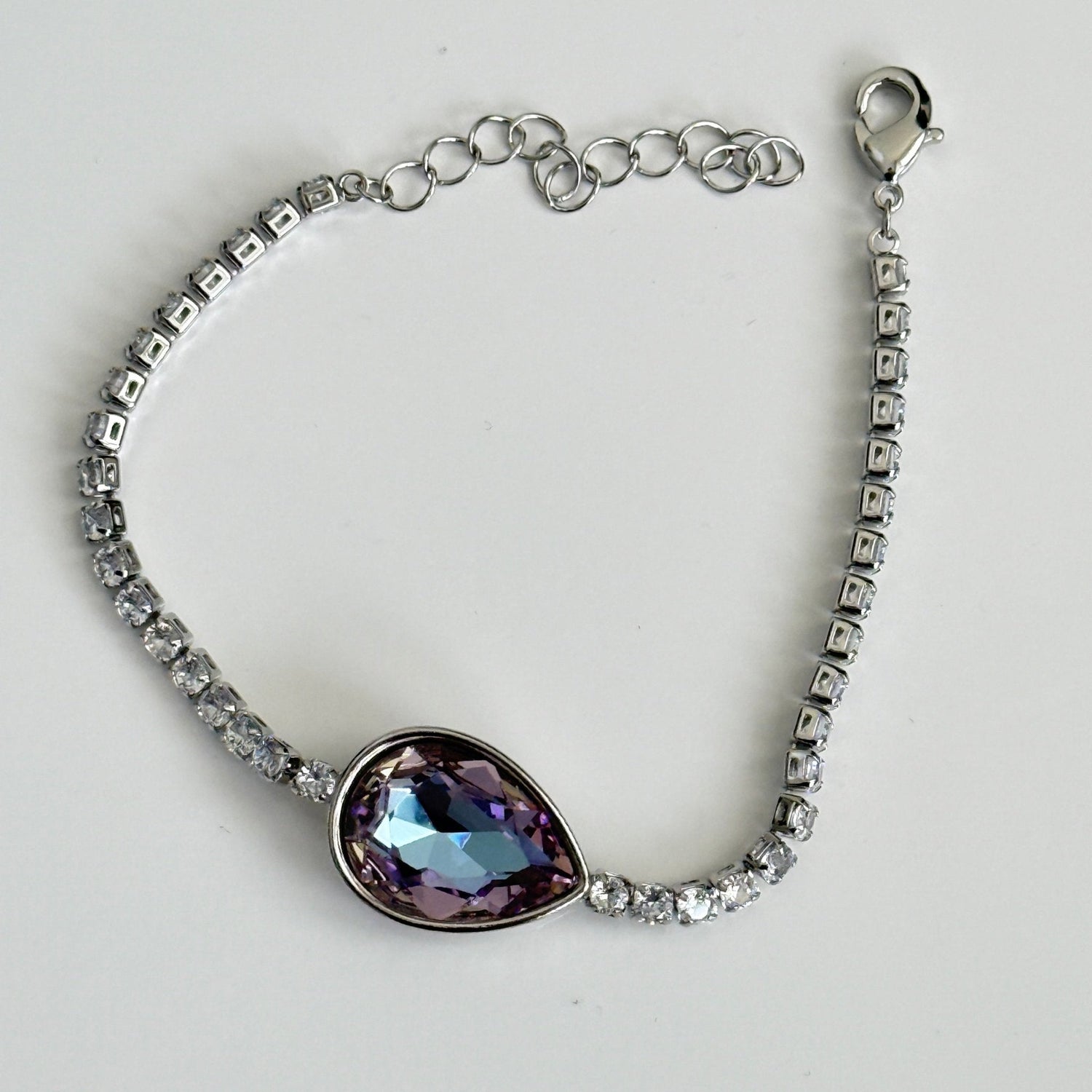 Violet Teardrop Adjustable Bracelet – Silver Finish with Sparkling Cubic Zirconia