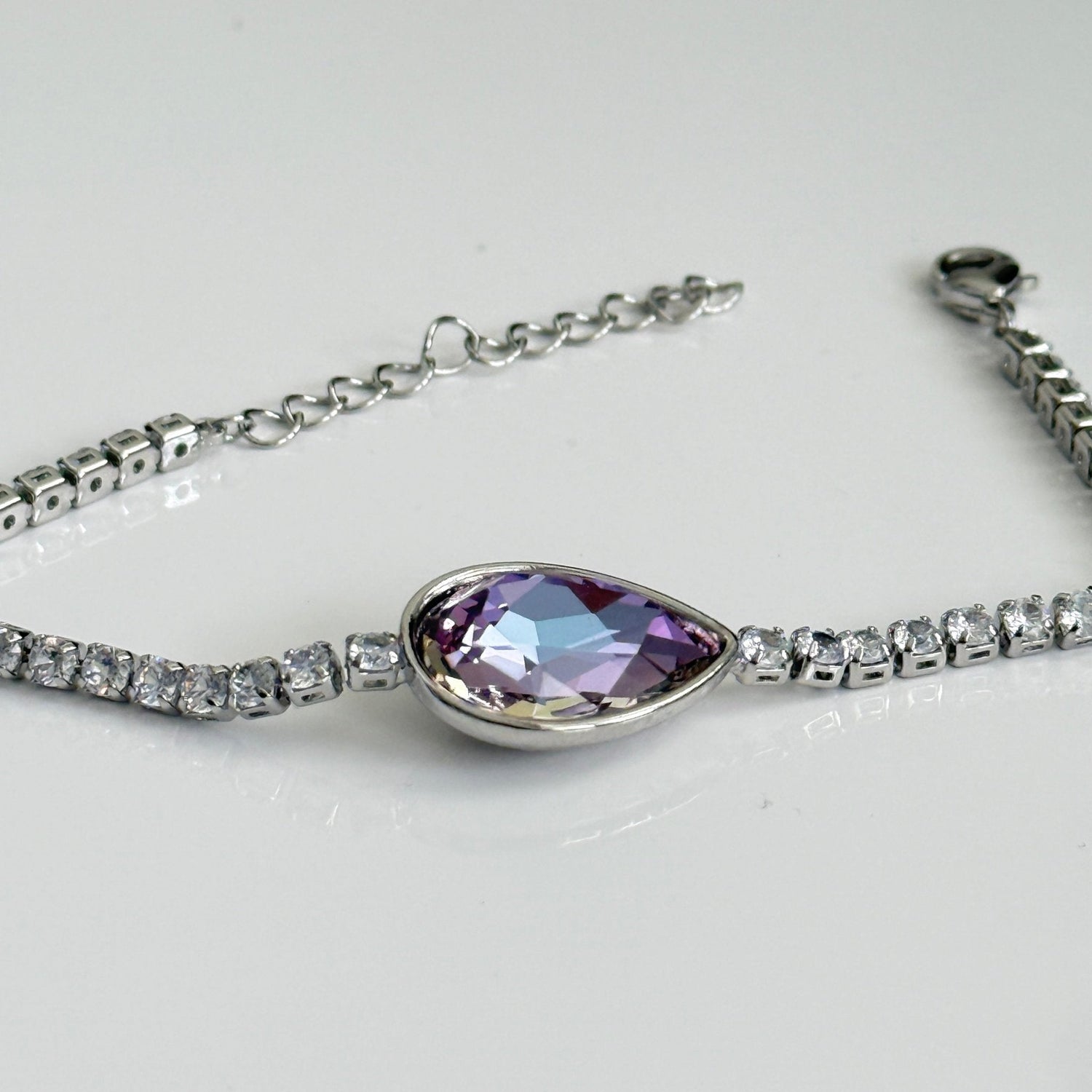 Violet Teardrop Adjustable Bracelet – Silver Finish with Sparkling Cubic Zirconia